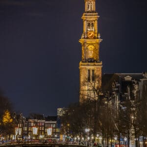 De Westertoren - Westerkerk van Amsterdam gefotografeerd in de avond